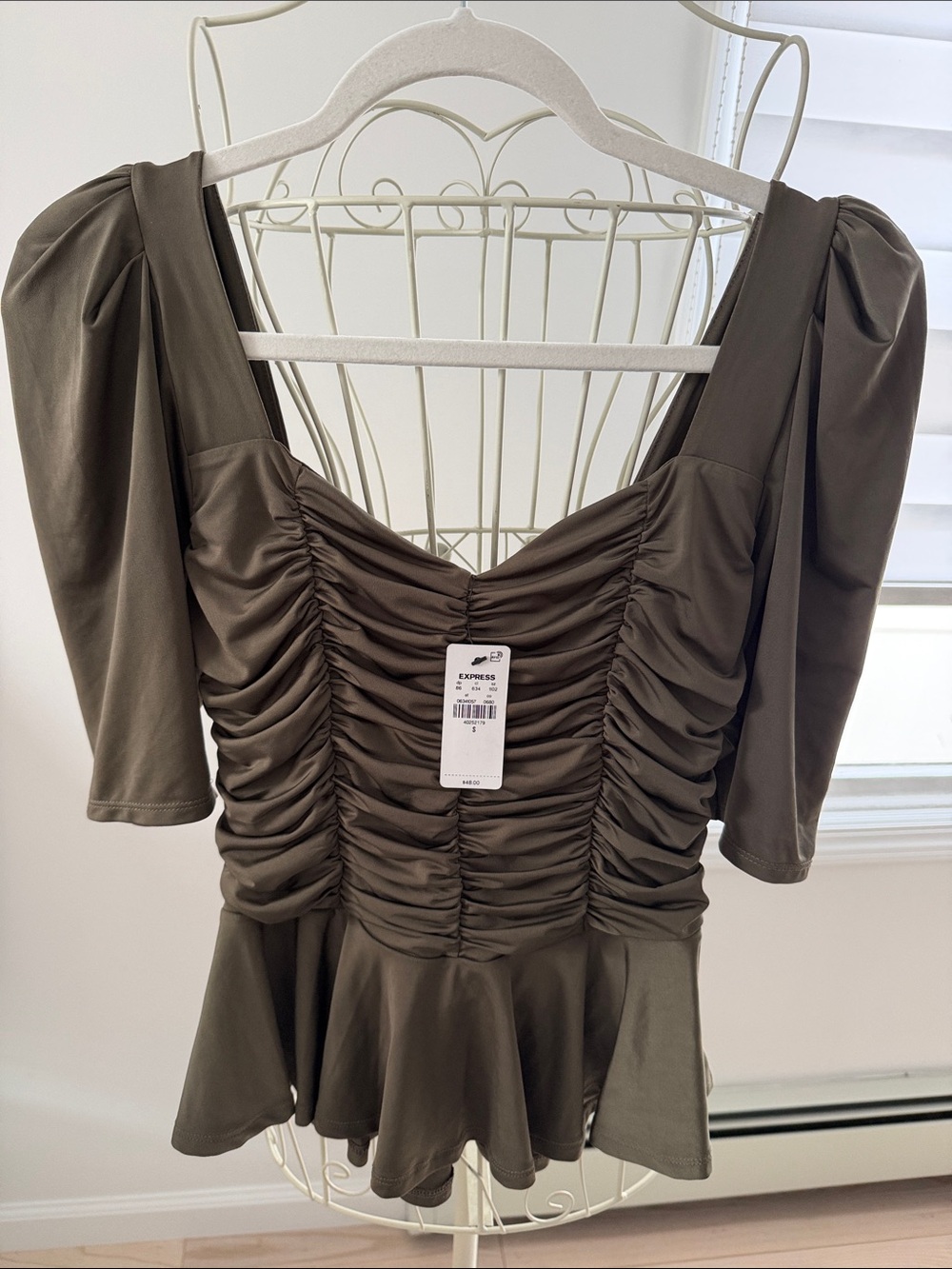 NWT! Express Olive Green Ruched Peplum Top